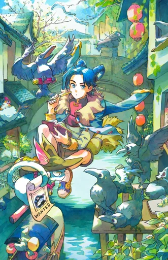 a detailed drawing of a colorful magic user and her costumed cat riding on a magic broom hovering near some crows perched above a canal; they are holding up a wanted poster of a crow with a knife, and asking the crows for information and writing it in a book