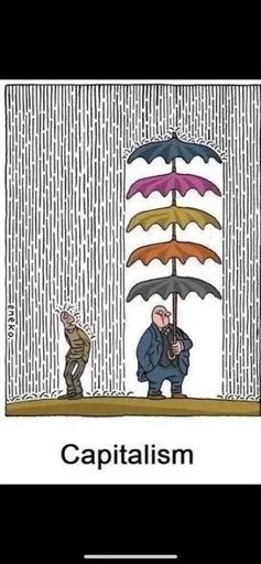 Prole rained on, while his bourgeois holds 5 multicolored vertical umbrellas to not get wet in the rain.