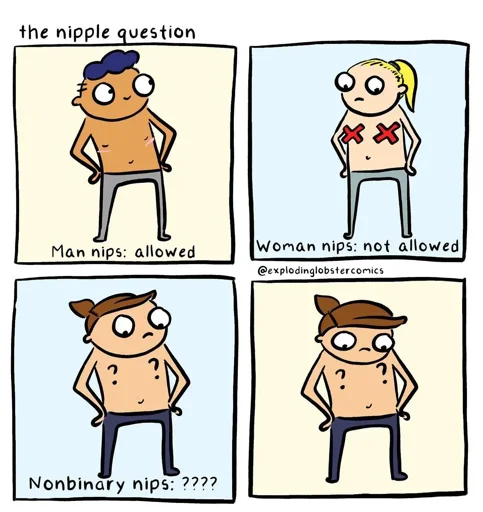 The nipple Question. Man nips: allowed; Woman nips: not allowed; Nonbinary nips: ????