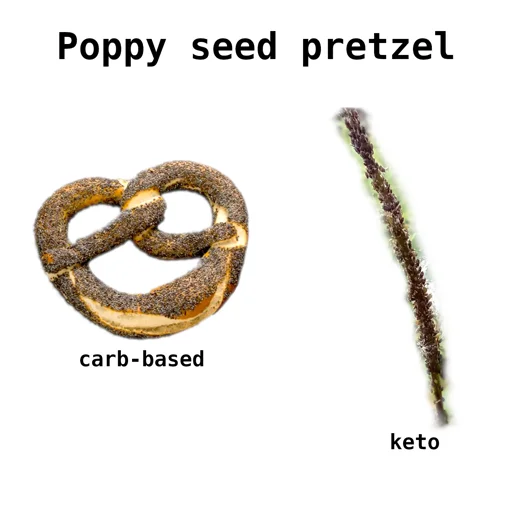 Poppy seed pretzel: 

1. carb-based (normal pretzel)
2. keto (twig full of aphids)


