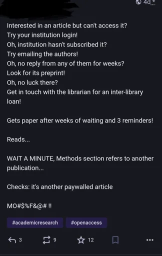 A Mastodon post of someone complaining about the inaccessibility of research papers