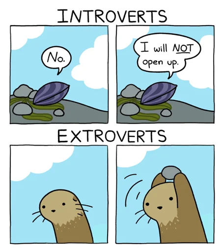 Introverts:

A clam says, "No. I do not want to open up"

Extroverts:

A see otter is looking at the clam, then raises a rock above it's head with both hands, as if it's going to smash open the clam.