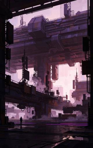 A massive futuristic industrial pace rises in layers of platforms, pipes, and machinery. Purple and pink light fills the scene as mist drifts upward. A lone silhouetted figure stands below the towering structures, emphasizing their scale.