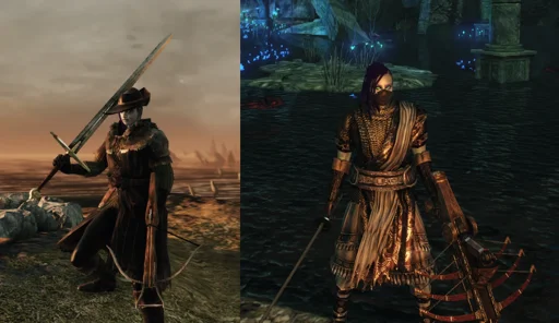 A screenshot of Dark Souls 2 Scholar of the First Sin showcasing my character's appearance: they have purple-ish skin and purple braided hair and distinct green eyes. On the left side, they are wearing a warm coat and a pointy hat, wielding a greatsword with one hand and a crossbow with another. The screenshot to the right shows them in a gray dress and a black mask, with a katana in one hand and a quirky triple crossbow in another.