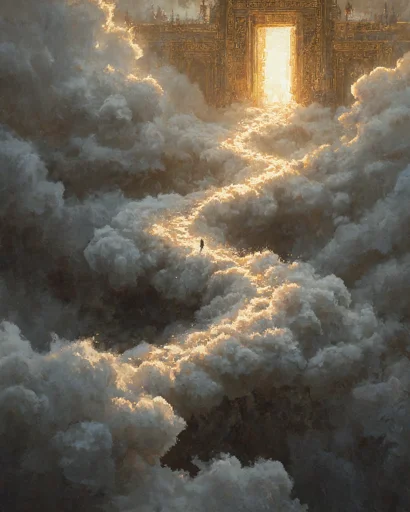 A lone figure walks along a glowing path that winds upward through dark clouds toward an immense, ornate gate radiating brilliant golden light. 