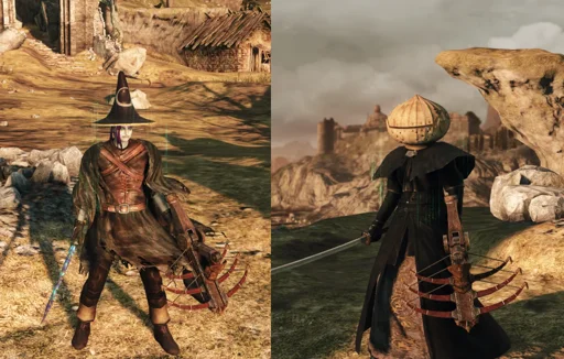 A screenshot of Dark Souls 2 Scholar of the First Sin showing my character in two different outfits: to the left they are wearing a wizard hat with astronomical symbols on it, as well as a cloak, a leather armor and boots, all in muted colors. To the right, their face is concealed by a bulky helmet resembling an onion, while the rest of their outfit is a black coat and a white skirt making an impression of a cleric.