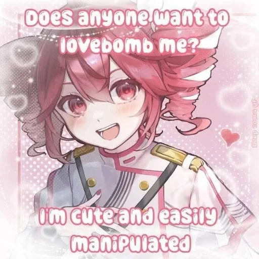 Kasane Teto smiling in a picture with the top text saying "Does anyone want to lovebomb me?" and the bottom one "I'm cute and easily manipulated"